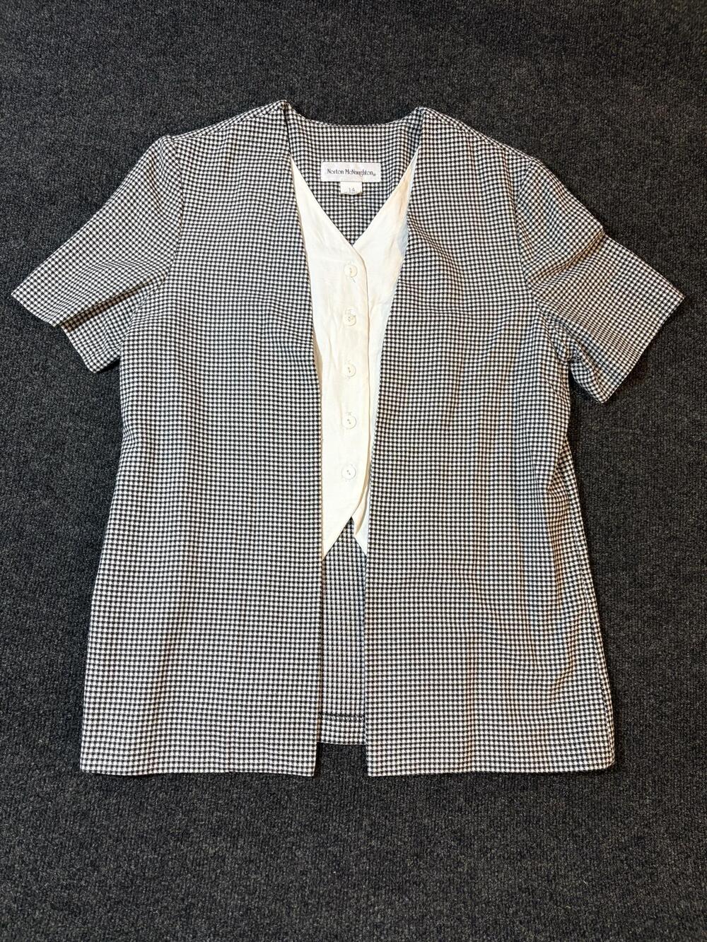 Norton McNaughton Blouse Womens 14 Black Check V Neck Vest Insert Short Sleeve